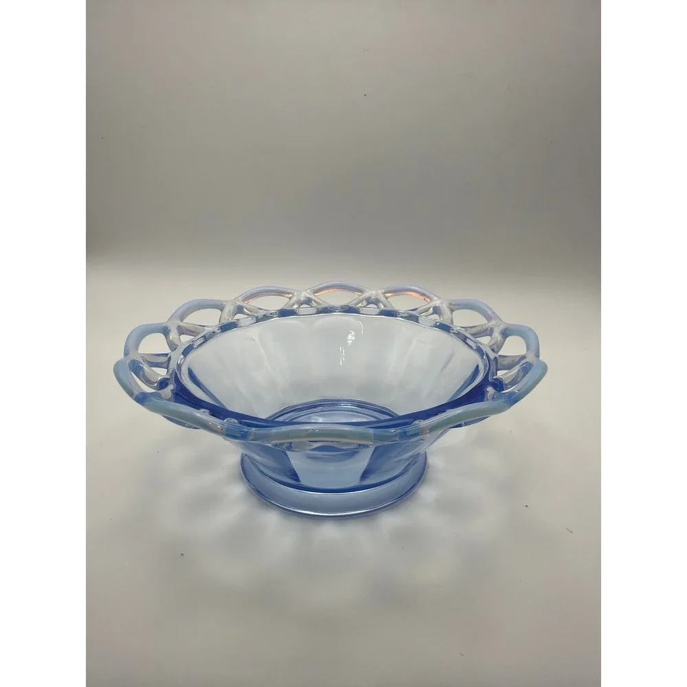 Vintage Blue Opalescent Glass Lattice Lace Edge Footed Bowl 7 Inch